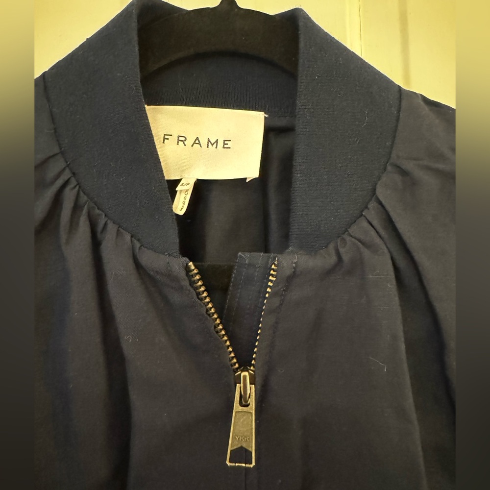 Frame Pleated Linen Bomber Style Jacket Size S Navy Blue NWOT